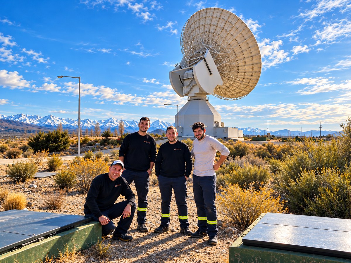 El Ing. Cristian Bernstorff Thomsen, agachado adelante, junto al plantel técnico de THOMSEN en la Deep Space Antenna 3 (DSA 3) de la Agencia Espacial Europea en Malargüe, con la antena y la cordillera de fondo