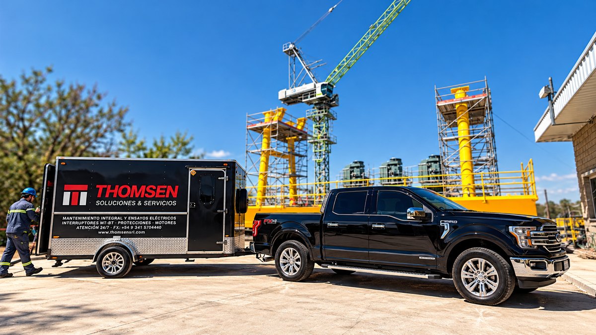 Camioneta Ford F-150 con el tráiler taller-laboratorio de THOMSEN en una obra industrial