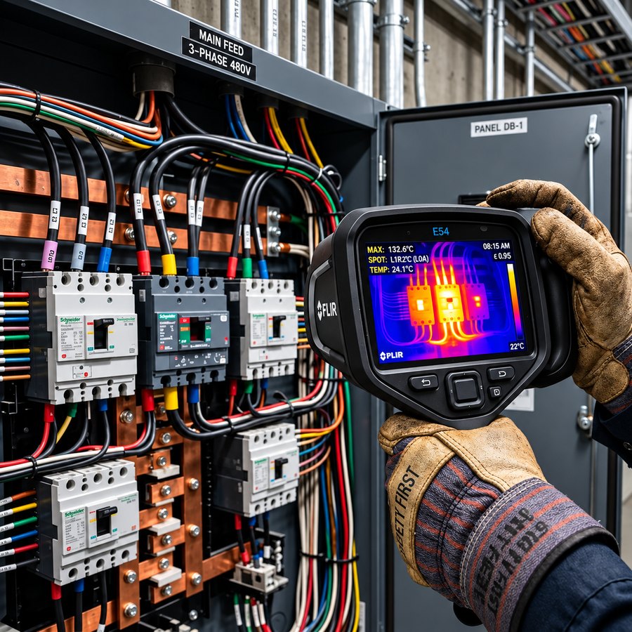 Cámara termográfica FLIR registrando un tablero de baja tensión bajo carga, con puntos calientes en los bornes de los interruptores