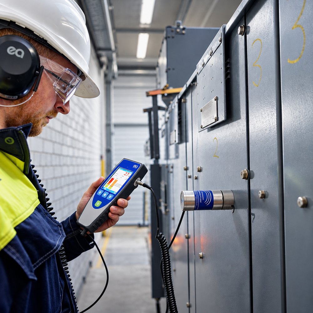 Técnico midiendo descargas parciales con el UltraTEV Plus² y el sensor TEV externo apoyado sobre el frente de una celda de MT en servicio