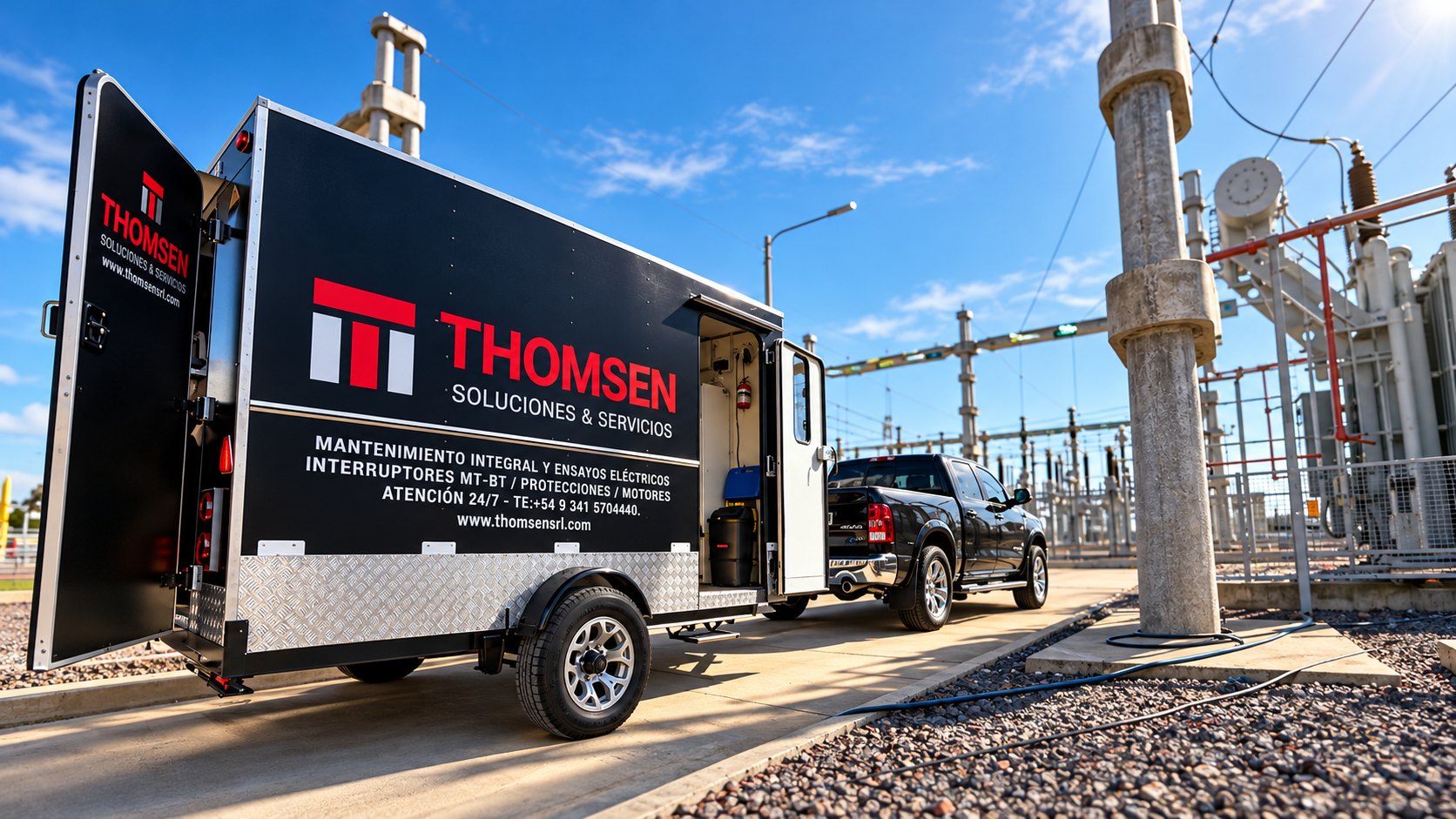 Tráiler taller-laboratorio de THOMSEN con la puerta lateral abierta en una estación transformadora