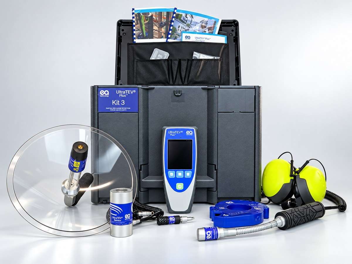 Kit 3 del UltraTEV Plus²: instrumento, sensores de TEV y ultrasonido, antena parabólica, HFCT y auriculares