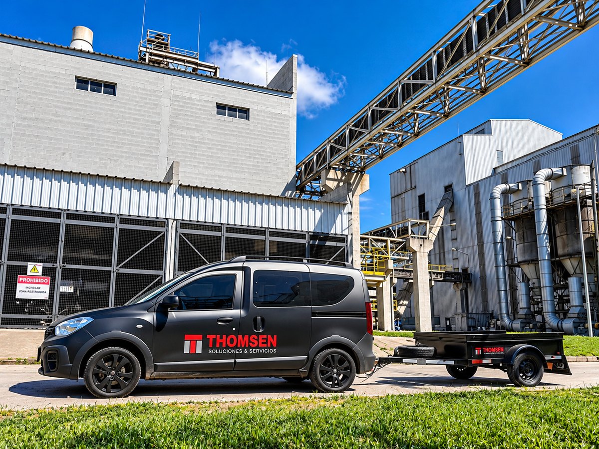 Utilitario de THOMSEN con tráiler abierto frente a una planta industrial